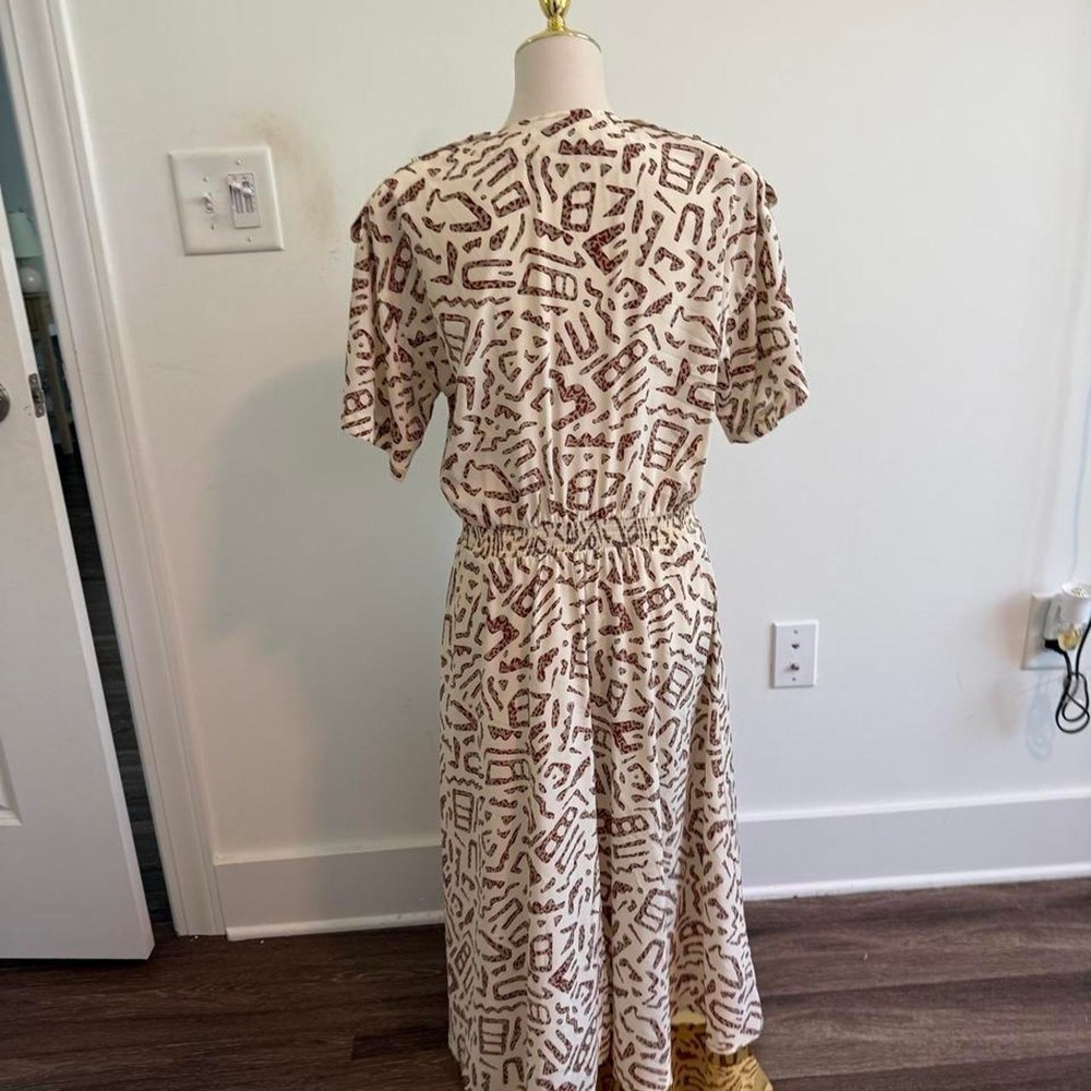Vintage Liz Claiborne Cream & Brown Abstract Print Dress | Size Petite 10 - Picture 6 of 7